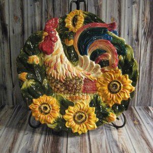 SIGNATURE HOME COLLECTION ROOSTER PLATE / PLATTER w/FLORALS - ALL IN RELIEF